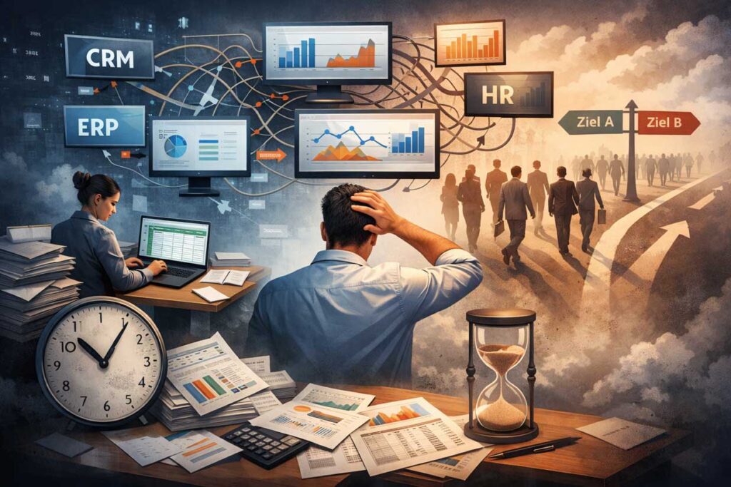 Manager vor mehreren Systemen, Excel-Auswertungen und Datenquellen, die zu einem komplexen Netzwerk verbunden sind – Symbolbild für fehlende Übersicht und fragmentierte Unternehmensdaten.